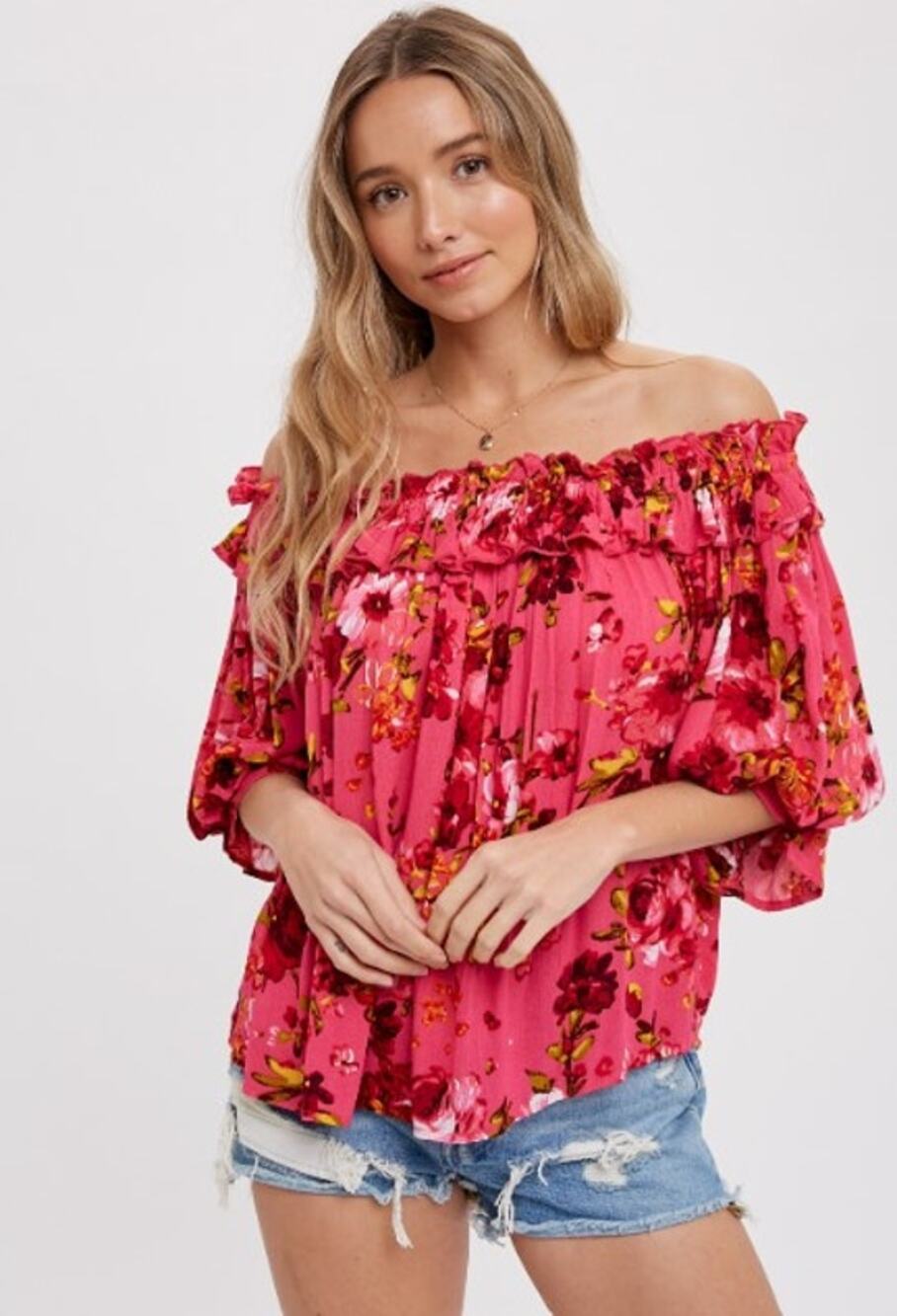 Floral Ruffle Neck Off The Shoulder Blouse LARGE